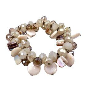 New White Shell & Ivory Champagne Faceted Bead Stretch Bracelet